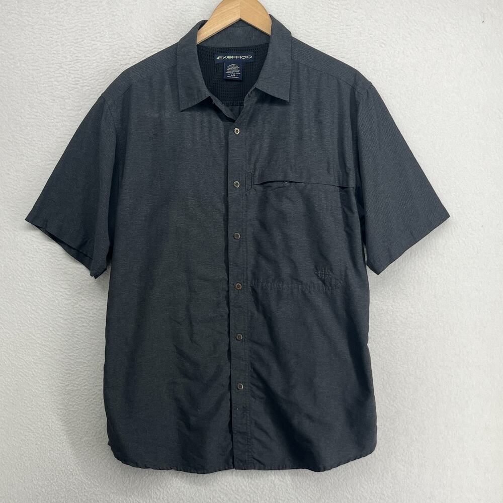 EXOFFICIO Shirt Mens L Trip'R Striped Short Sleeve Hiking Vented Back Black